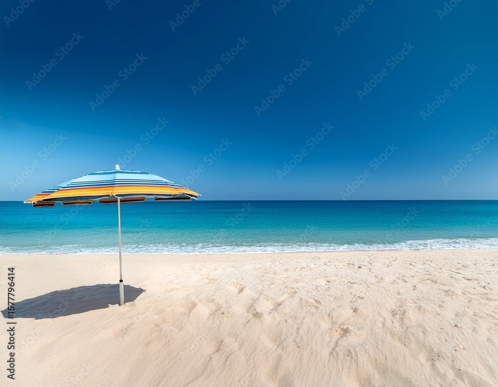 Fototapeta premium serene beach with fine sand single beach umbrella and endless blue ocean under clear skies