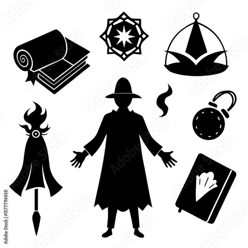 Wizard with spellbook staff and magical symbols charm
