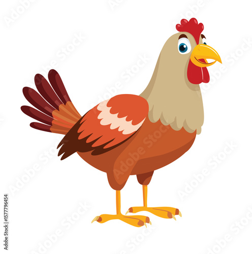 Cartoon rooster with brown and orange feathers and blue eyes chicken bird