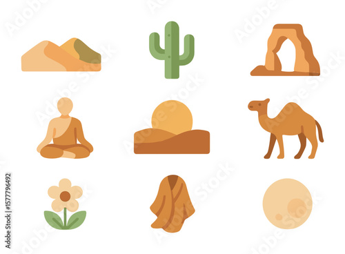 Desert Mindfulness Icons. Flat icon set of desert mindfulness: sand dunes, cactus, seated yogi, rock formation