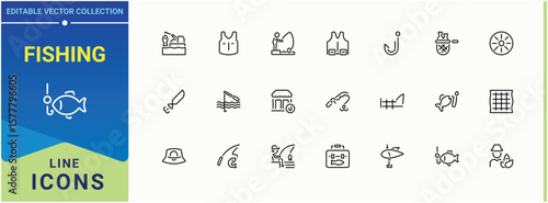 Fishing line icon. Included leisure, activity, outdoor, hobby, fisher and more. Minimalist icons collection. Fish icon set. Editable vector illustration.