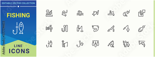 Fishing line icon. Included leisure, activity, outdoor, hobby, fisher and more. Minimalist icons collection. Fish icon set. Editable vector illustration.