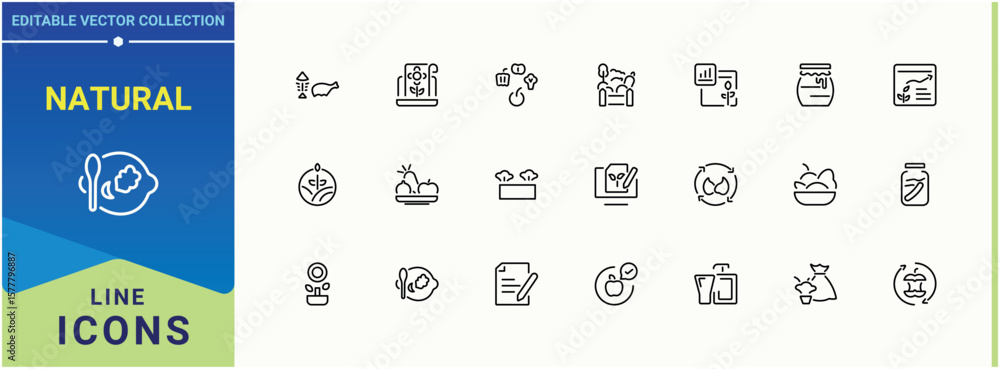 Fototapeta Natural icon. Contains such symbols as eco, farming, bio, nature, ecological and more. Organic icon collection. Minimal icons collection. Editable stroke. Vector collection.