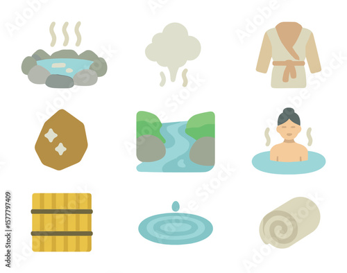 Thermal Spring Icons. Flat icon set of thermal spring relaxation: hot spring pool, steam cloud, bathrobe,