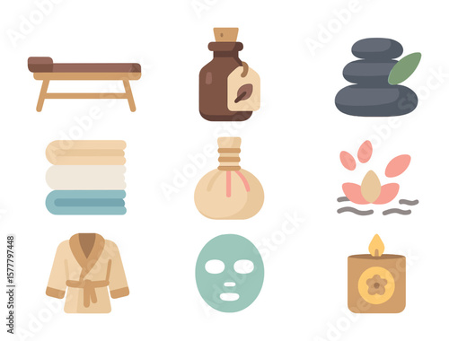 Spa Rituals Icons. Flat icon set of spa rituals: massage table, aromatherapy bottle, hot stones, towel stack,