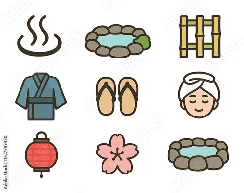 Japanese Onsen Icons. Flat icon set of Japanese onsen: onsen symbol, outdoor bath, bamboo wall, stone bath,
