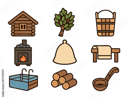Finnish Sauna Essentials. Flat icon set of Finnish sauna: log cabin, birch whisk (vihta), wooden bucket,