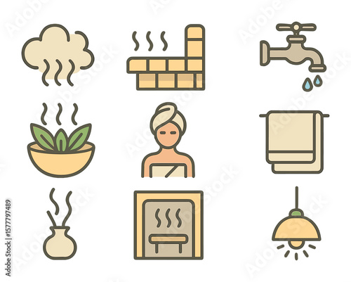 Steam Bath Icons. Flat icon set of steam bath experience: steam cloud, tiled bench, water tap, herbal steam,