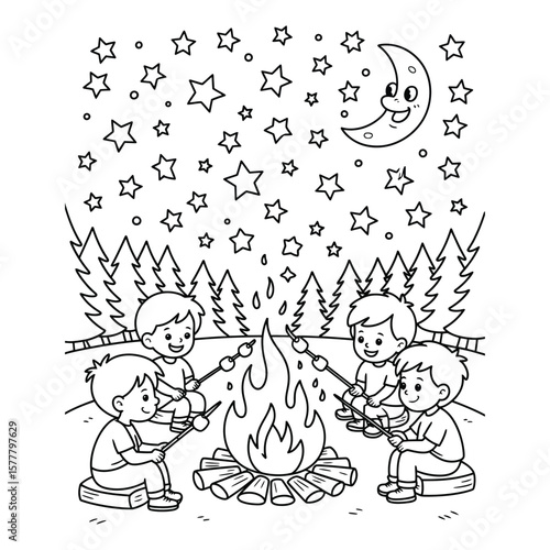 Cozy night camping scene with campfire, cartoon kids roasting marshmallows, and tent under starry sky, coloring page