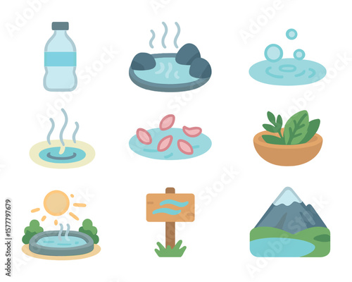 Healing Springs Icons. Flat icon set of healing springs: mineral water, hot rock pool, bubbling water, steam