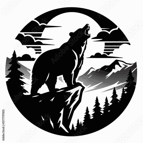 Bear on Mountain Peak Silhouette