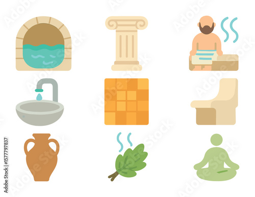Ancient Spa Icon Set. Flat icon set of ancient spa traditions: Roman bath, Greek pillar, Turkish hammam, stone