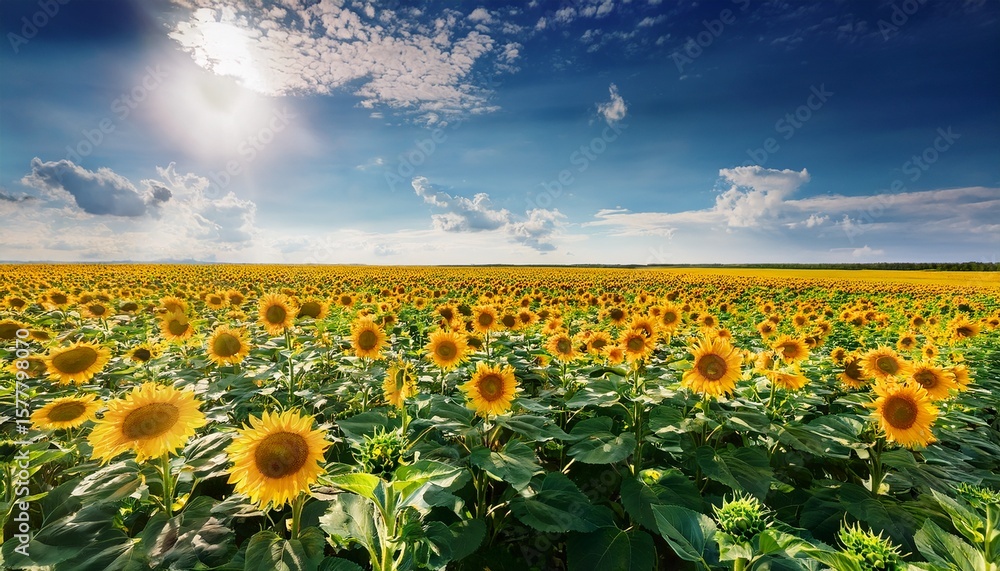 Obraz premium sunflower field blooms under a bright sun on a summer day in bela sunflowers field in summer bright sunny and windy day in belarus