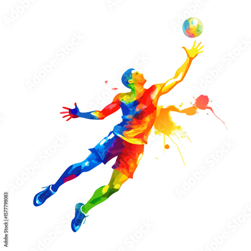 Colorful Handball Player Vector – Watercolor Sportsman Jumping with Ball in Hand – Abstract Athletic Figure Illustration for Sports Design

