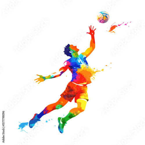 Colorful Handball Player Vector – Watercolor Sportsman Jumping with Ball in Hand – Abstract Athletic Figure Illustration for Sports Design

