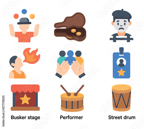 Street Performance Icons. Flat icon set of street performance festivals: juggler, guitar case, hat on ground,