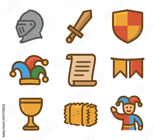 Medieval Festival Icons. Flat icon set of medieval festivals: knight helmet, wooden sword, shield, jester hat,