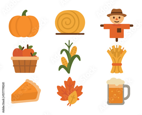 Harvest Festival Icons. Flat icon set of harvest festivals: pumpkin, hay bale, scarecrow, apple basket, corn