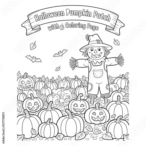 Halloween pumpkin patch with friendly scarecrow and jack-o'-lanterns, black and white coloring page for kids