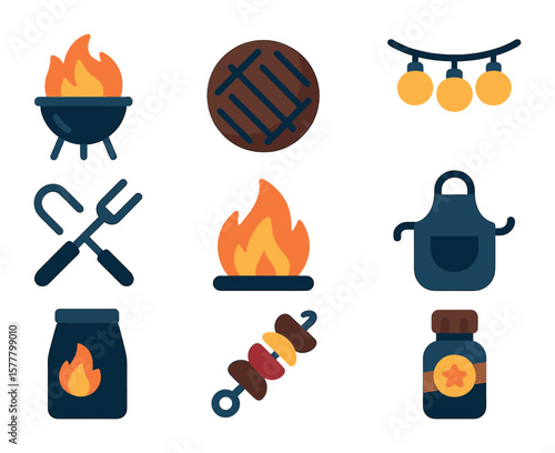 Nighttime BBQ Icons. Flat icon set of nighttime BBQ cookouts: grill flames, burger patty, string lights,