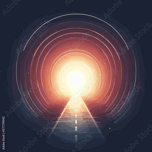 Abstract tunnel with light at the end, representing journey and hope, dynamic perspective, digital art, copy space