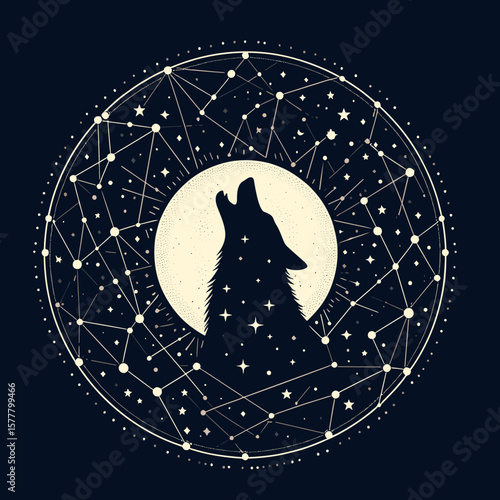Artistic wolf silhouette howling at the moon, surrounded by constellations, cosmic design, digital art, copy space