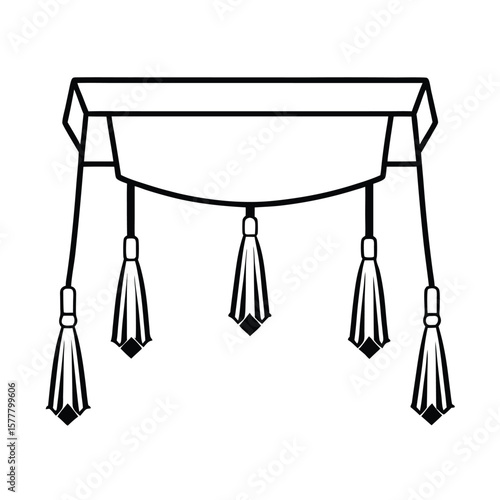 Handdrawn a decorative valance with hanging tassels on a graphic curtain