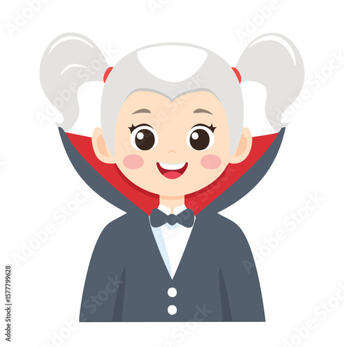 Cute cartoon vampire girl with grey hair and red cape halloween costume