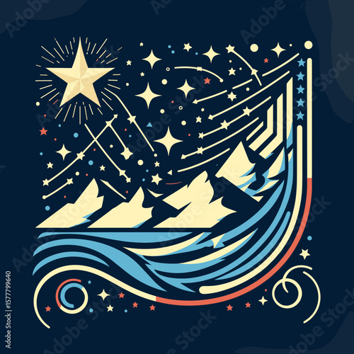 Abstract design featuring mountains, stars, and flowing lines, representing nature and the cosmos, digital art, copy space