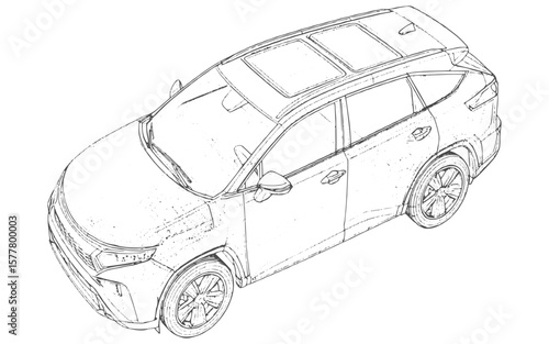 technical sketch CAD drawing futuristic supercar with detail and sketch work,Hand drawn sketch american transport car