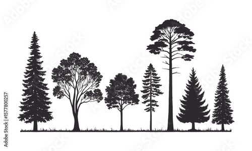 Minimalist vector illustration featuring a series of black tree silhouettes on a plain white background, easily editable and scalable.