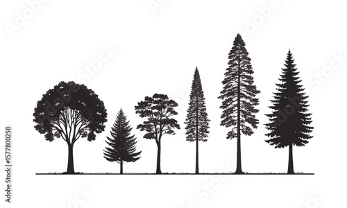 Minimalist vector illustration featuring a series of black tree silhouettes on a plain white background, easily editable and scalable.