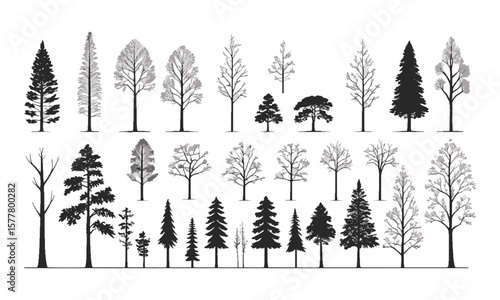 Minimalist vector illustration featuring a series of black tree silhouettes on a plain white background, easily editable and scalable.