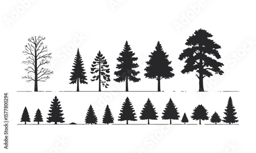 Minimalist vector illustration featuring a series of black tree silhouettes on a plain white background, easily editable and scalable.