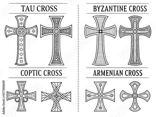 Eight historical Christian cross variations drawn as technical black line illustrations. The crosses include the Tau Cross, Byzantine Cross, Coptic Cross, and Armenian Cross. Each is clearly labeled i