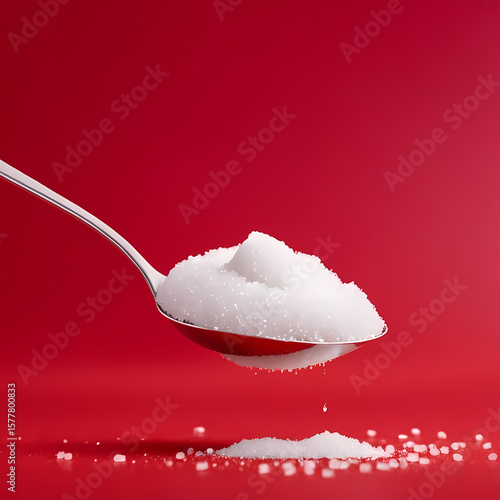 Spoon with sugar against red background, symbolizing sweeteners and sugar substitutes.  