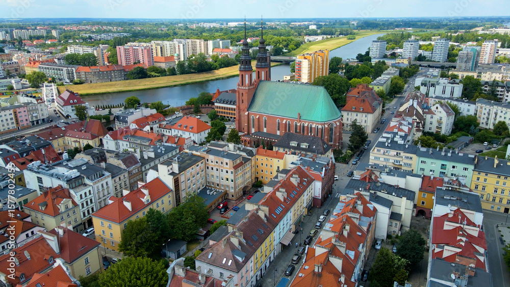 Naklejka premium city architecture europe drone flyover old town Opole Poland