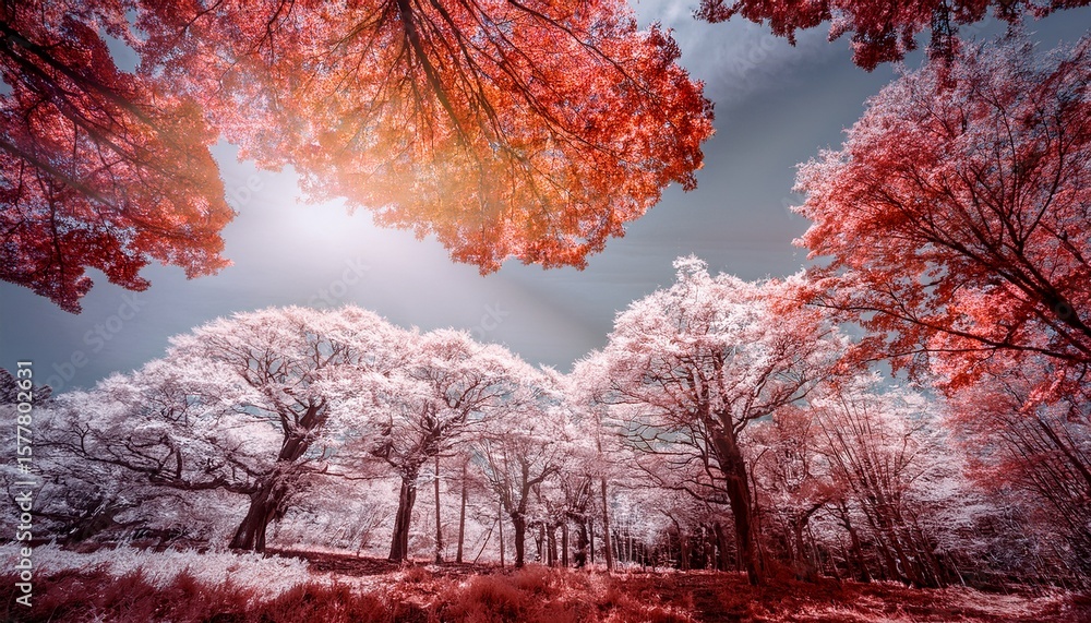 Naklejka premium sunlight filters through infrared trees