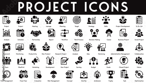 Project Icons set vector illustration with collection of meeting, manage, planning, target, optimization, task, trophy, startup, risk management, evaluation, fiscal year, time management, goals, skill