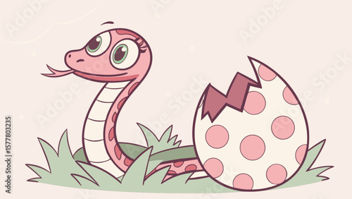 Cute cartoon snake hatching from egg drawing vector illustration for kids and children learning art