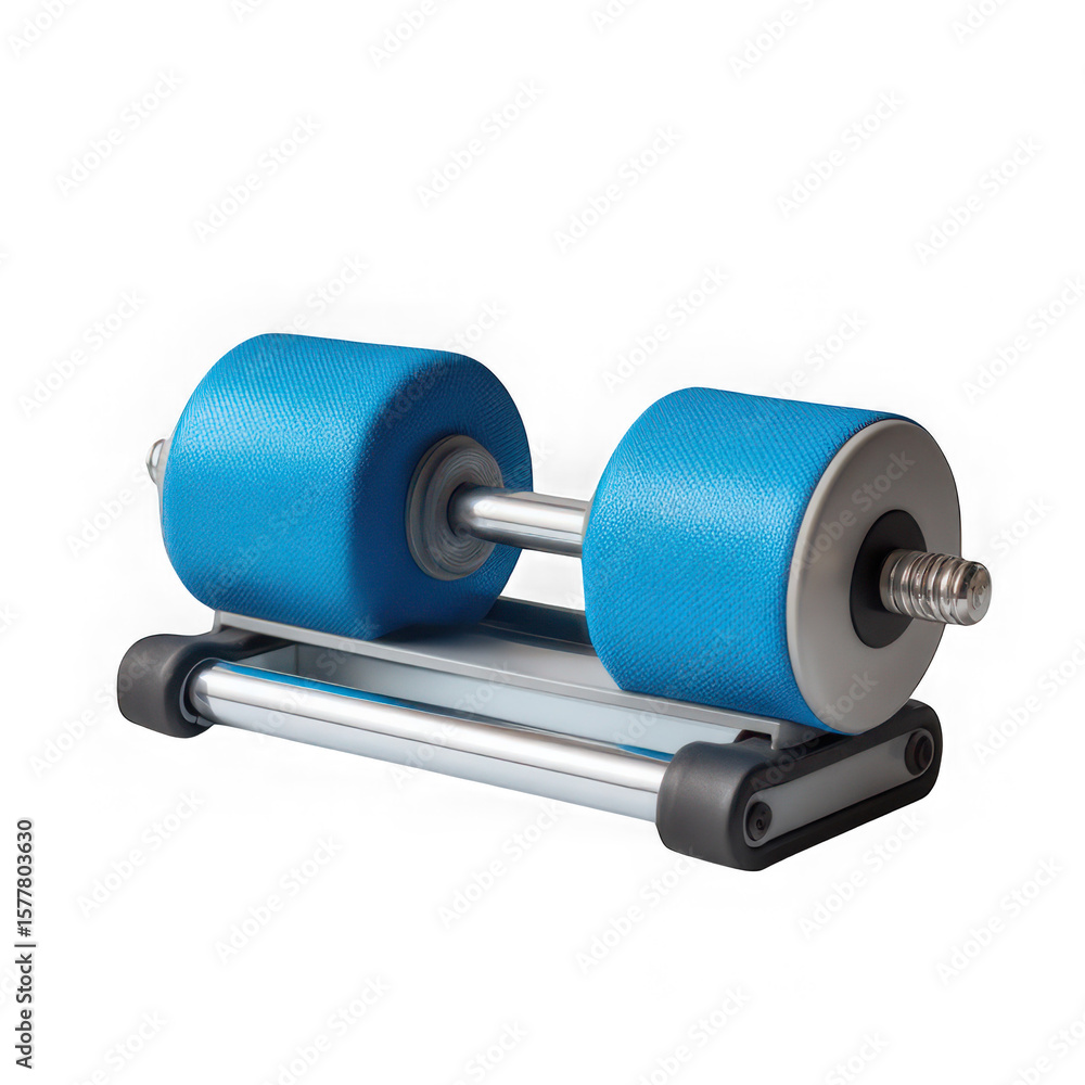 Close up of a blue and silver ab roller on a black background for fitness use Close up of a blue and silver ab roller on a black background for fitness use