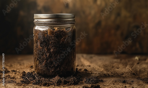 A glass jar filled with dark soil sits on a rustic wooden surface, surrounded by scattered soil, evoking a natural, earthy feel.
