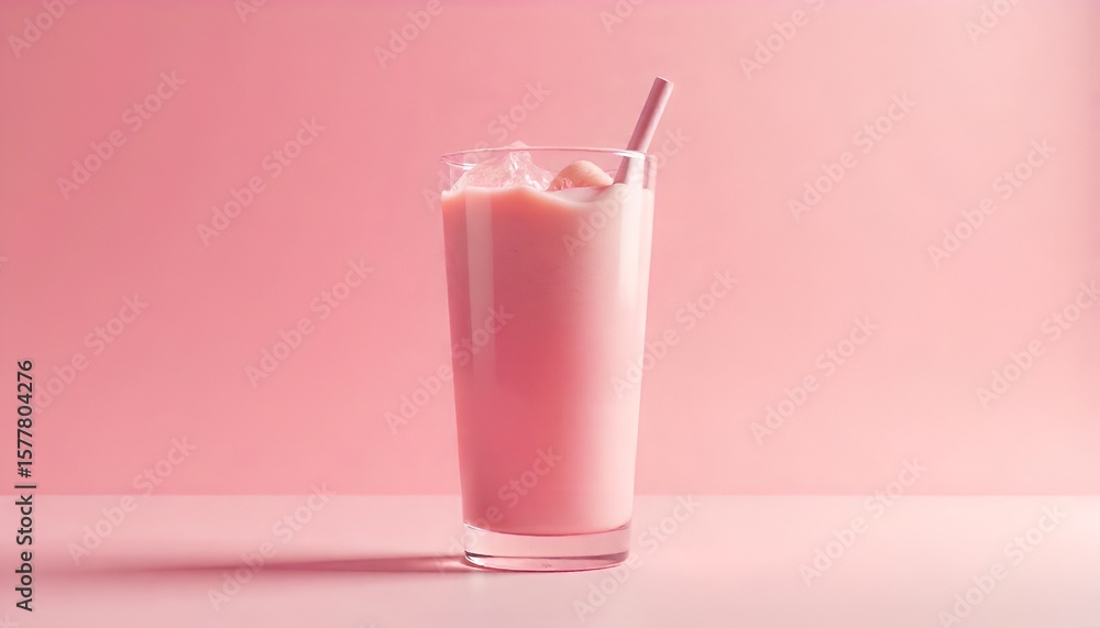 Hyper realistic Minimalist pink strawberry milkshake or rose drink in tall glass with ice and straw, pastel pink background, refreshing beverage concept, summer vibe, vertical orientation Hyper realistic Minimalist pink strawberry milkshake or rose drink in tall glass with ice and straw, pastel pink background, refreshing beverage concept, summer vibe, vertical orientation