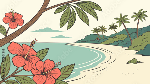 Tropical beach illustration with hibiscus flowers and palm trees vector art for summer travel and vacation 100