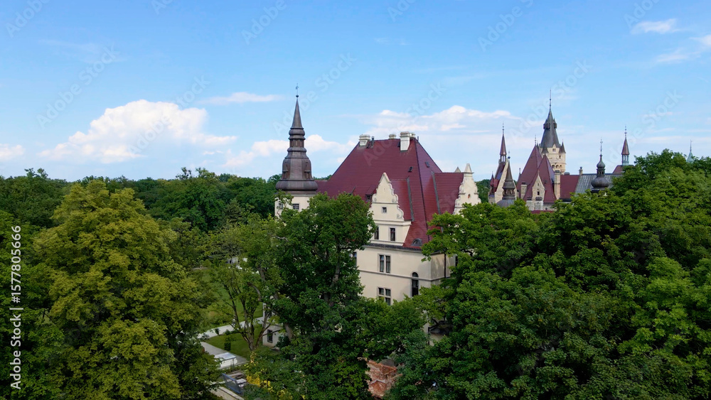 Fototapeta premium Moszna Castle fly over landscape view from above architecture near the village Moszna Poland