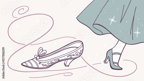Cinderella lost slipper illustration fairytale princess gown design elegant shoe vector graphic art image
