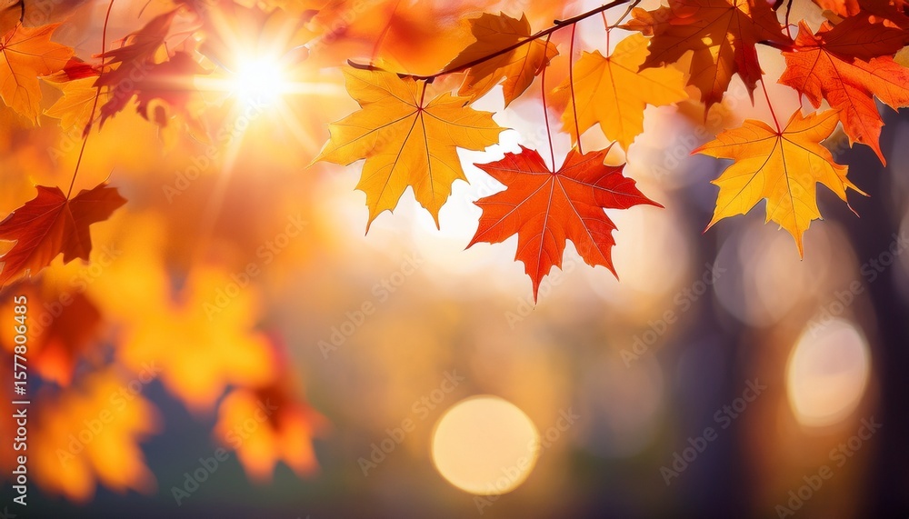 bright autumn maple leaves in shades of orange red and yellow hang against a softly blurred background illuminated by warm sunlight bright autumn maple leaves in shades of orange red and yellow hang against a softly blurred background illuminated by warm sunlight