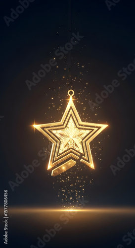 Golden Star Ornament with Intricate Details and Sparkling Particles.