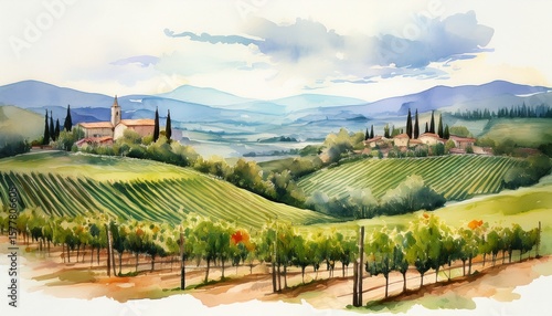 watercolor rural scene with hills vineyard and trees