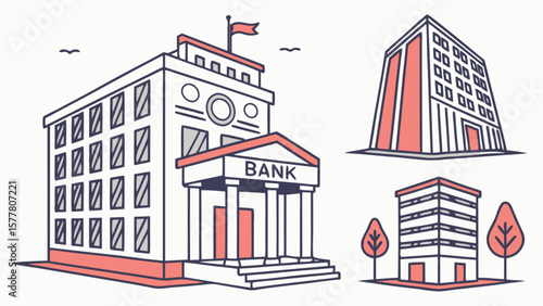 Vector illustration of bank buildings and office buildings for architecture and city landscape design